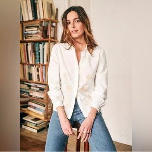 Sezane Monica Floral Embroidered Puff Sleeve Ivory Button Down Size 36
